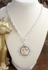 Cross Coin Chain Necklace with Front Toggle Closure – Silver