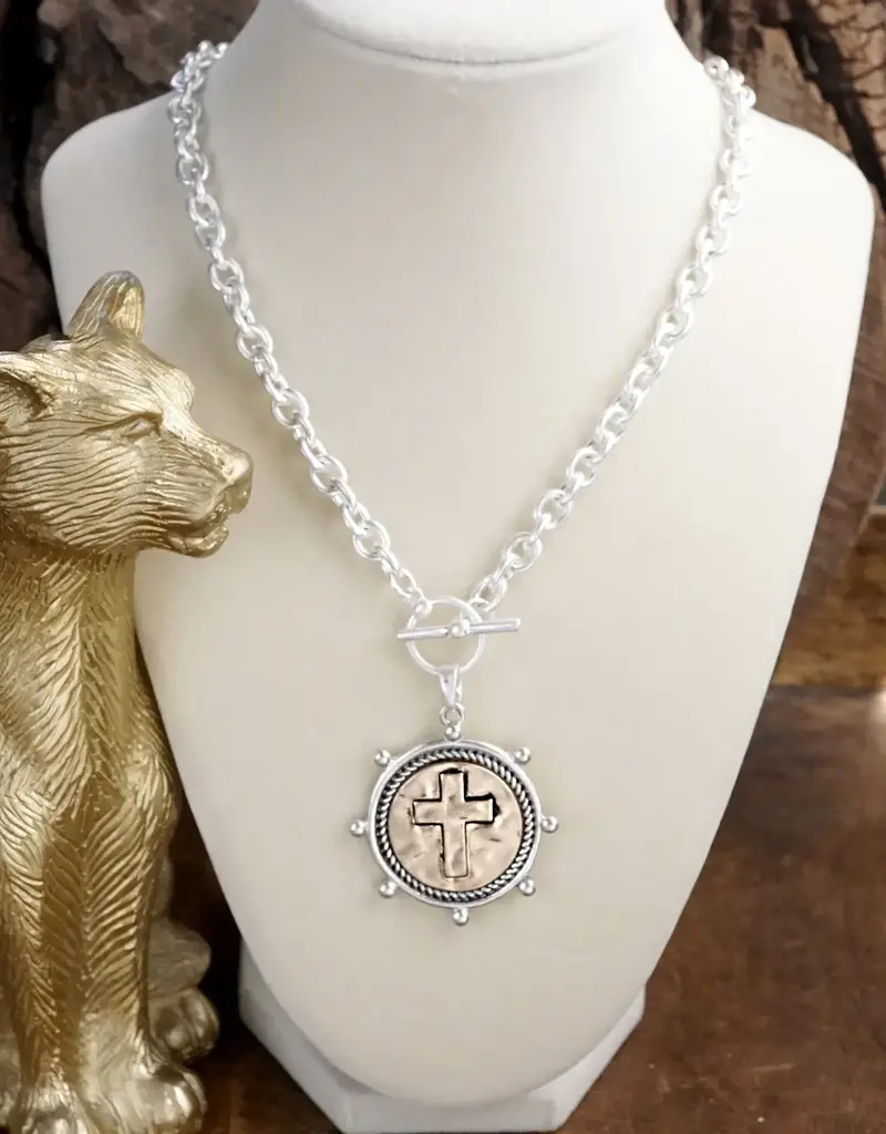 Cross Coin Chain Necklace with Front Toggle Closure – Silver