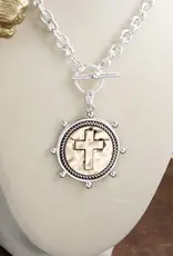 Cross Coin Chain Necklace with Front Toggle Closure – Silver