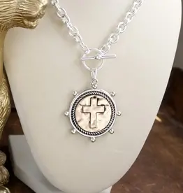Cross Coin Chain Necklace with Front Toggle Closure – Silver