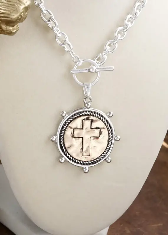 Cross Coin Chain Necklace with Front Toggle Closure – Silver