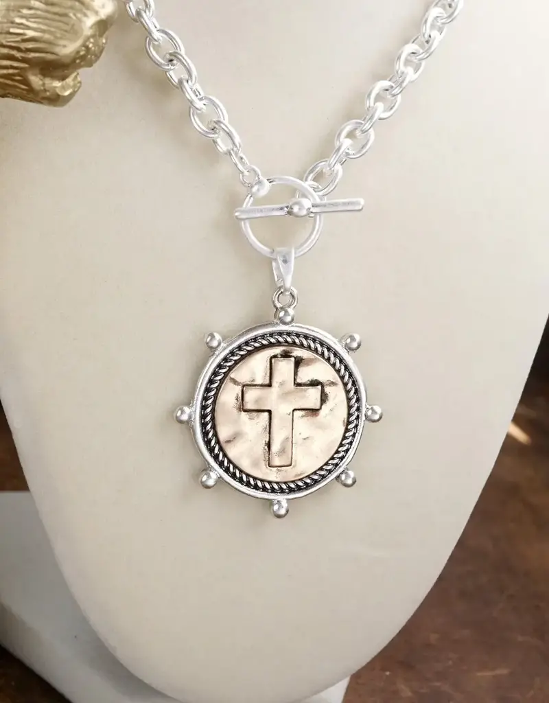Cross Coin Chain Necklace with Front Toggle Closure – Silver