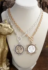 Cross Coin Chain Necklace with Front Toggle Closure – Silver