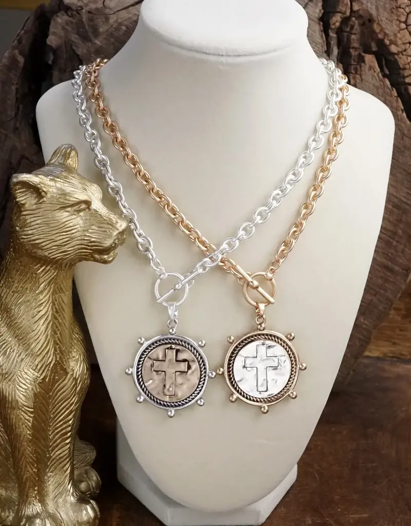 Cross Coin Chain Necklace with Front Toggle Closure – Silver