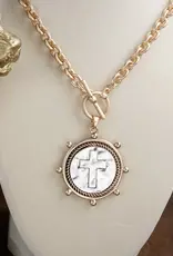 Cross Coin Chain Necklace with Front Toggle Closure – Gold