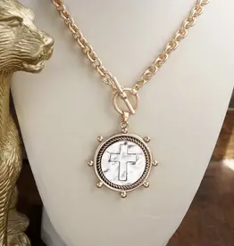 Cross Coin Chain Necklace with Front Toggle Closure – Gold