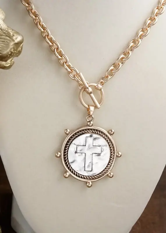Cross Coin Chain Necklace with Front Toggle Closure – Gold