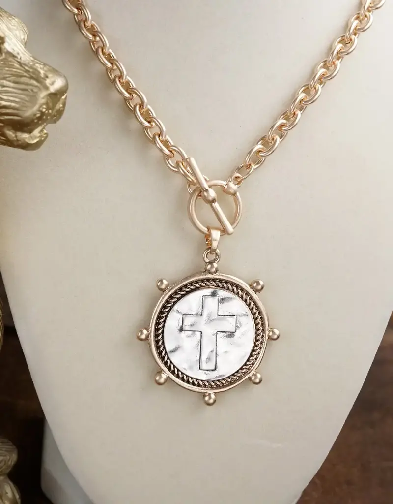 Cross Coin Chain Necklace with Front Toggle Closure – Gold