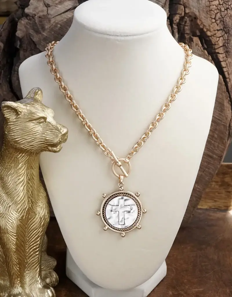 Cross Coin Chain Necklace with Front Toggle Closure – Gold
