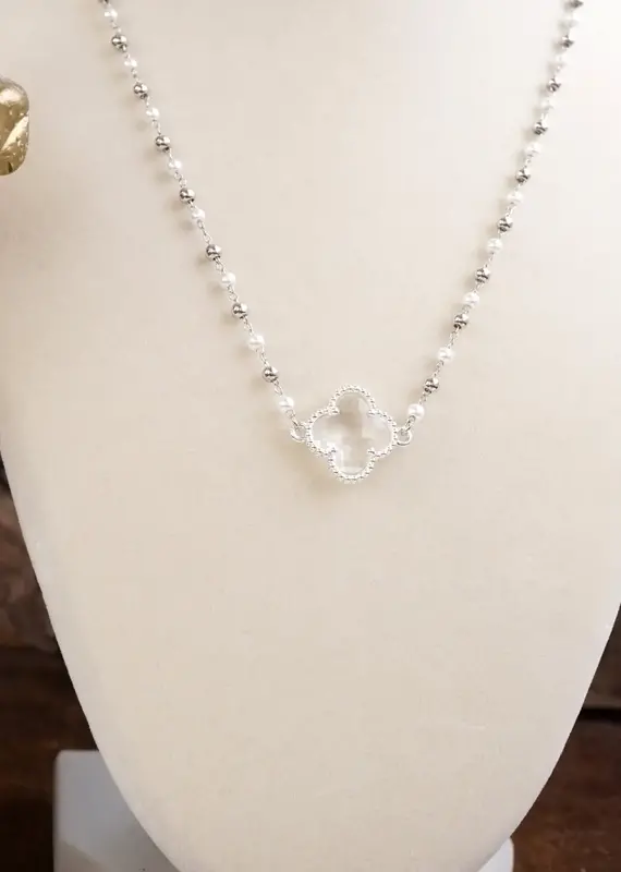 Clover Pendant Necklace with Pearls and Beaded Chain - Silver