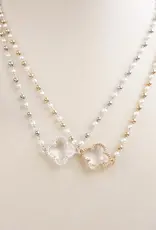 Clover Pendant Necklace with Pearls and Beaded Chain - Silver