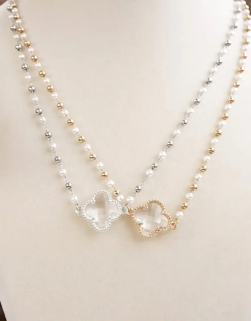 Clover Pendant Necklace with Pearls and Beaded Chain - Silver