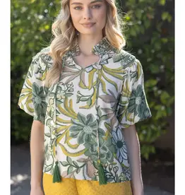Smocked Neck Lace Detailed Printed Top