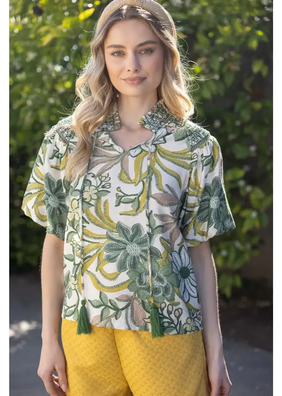 Smocked Neck Lace Detailed Printed Top