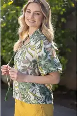 Smocked Neck Lace Detailed Printed Top
