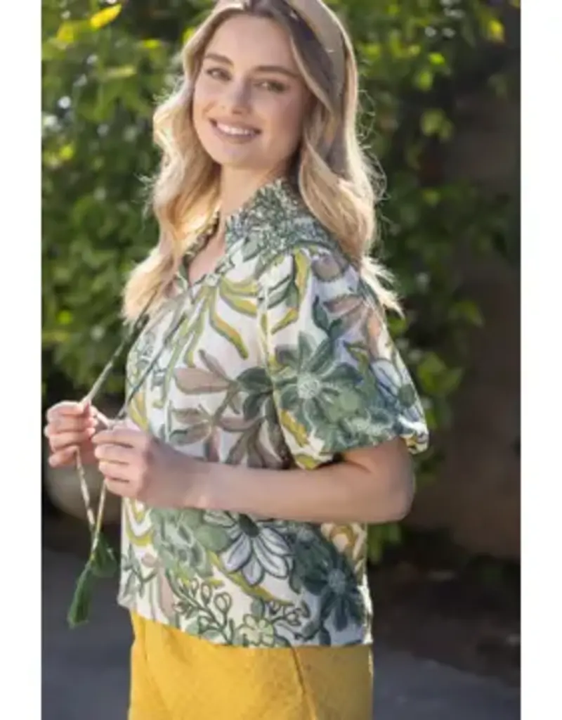Smocked Neck Lace Detailed Printed Top