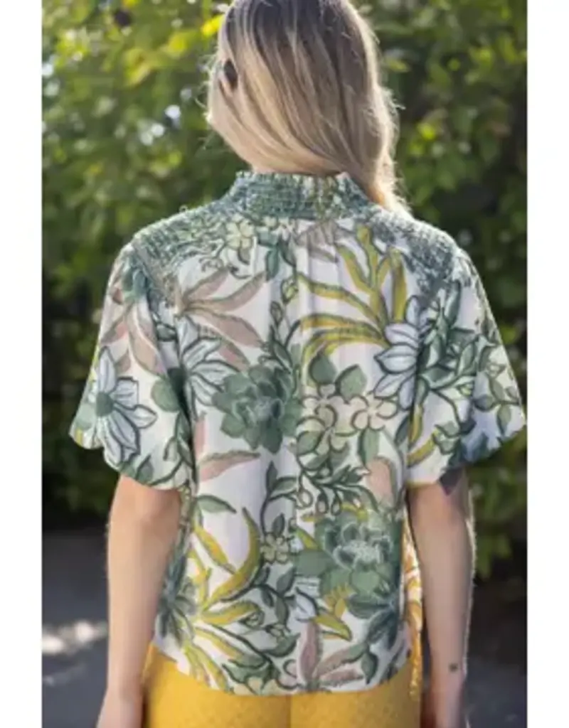 Smocked Neck Lace Detailed Printed Top