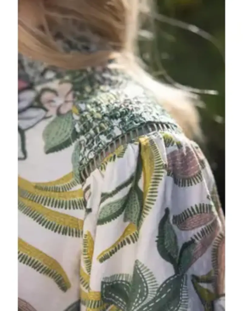 Smocked Neck Lace Detailed Printed Top