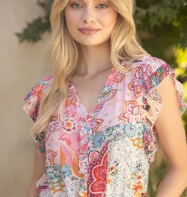 Pleated Sleeve Mixed Paisley Print Button Up Top