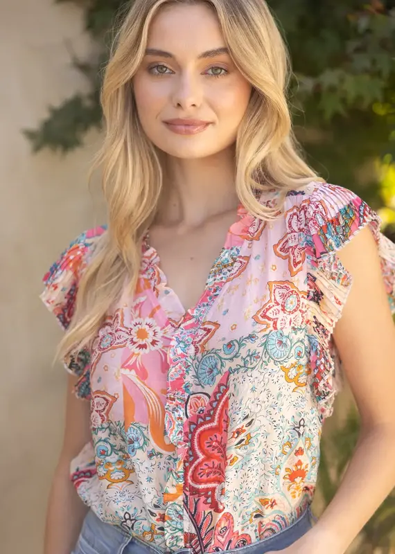 Pleated Sleeve Mixed Paisley Print Button Up Top