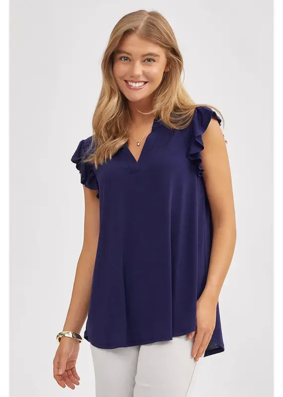Mandarin Collar Flutter Sleeve Top