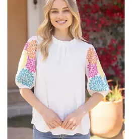 Mandala Embroidered Puff Sleeve Top