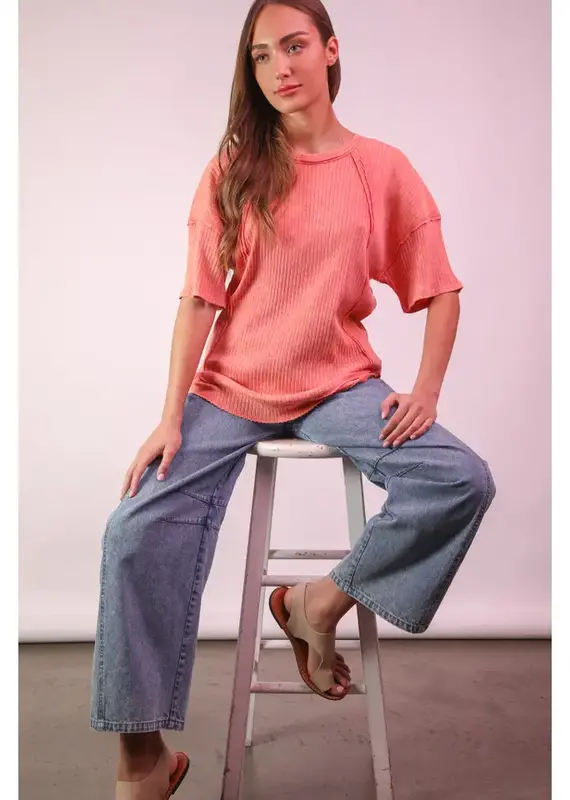 Mineral Washed Oversized Ribbed Knit Casual Top