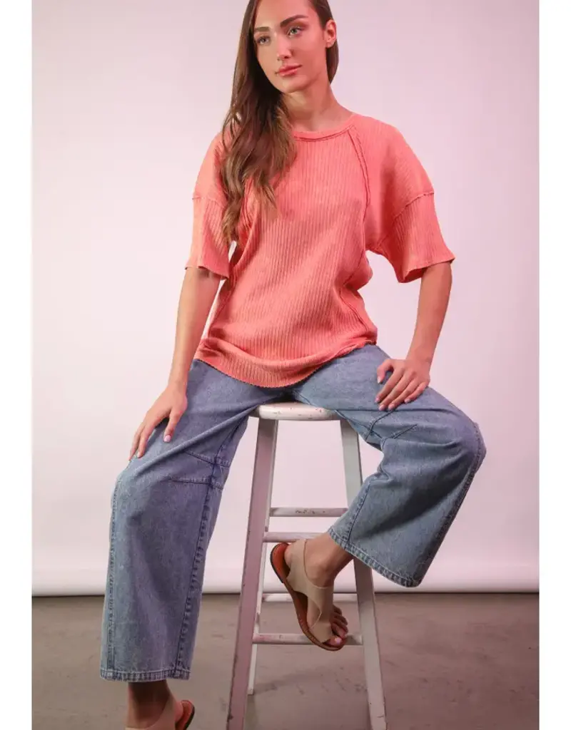 Mineral Washed Oversized Ribbed Knit Casual Top