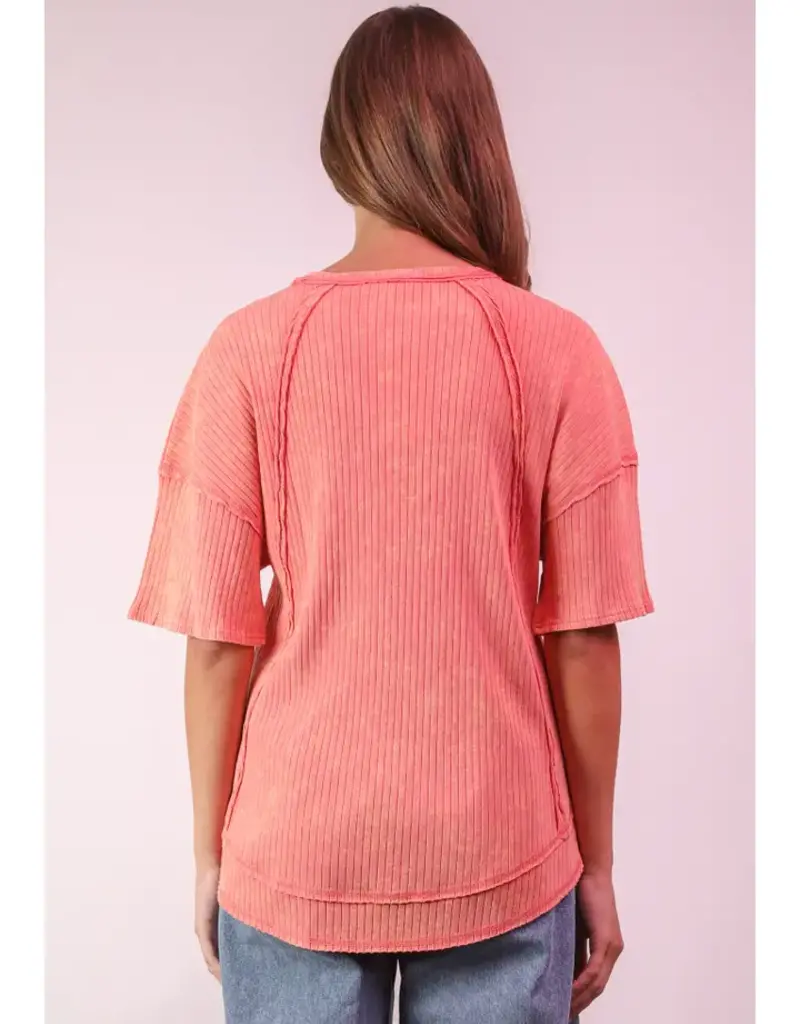 Mineral Washed Oversized Ribbed Knit Casual Top