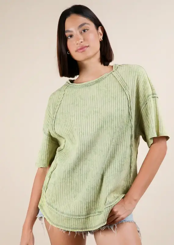 Mineral Washed Oversized Ribbed Knit Casual Top