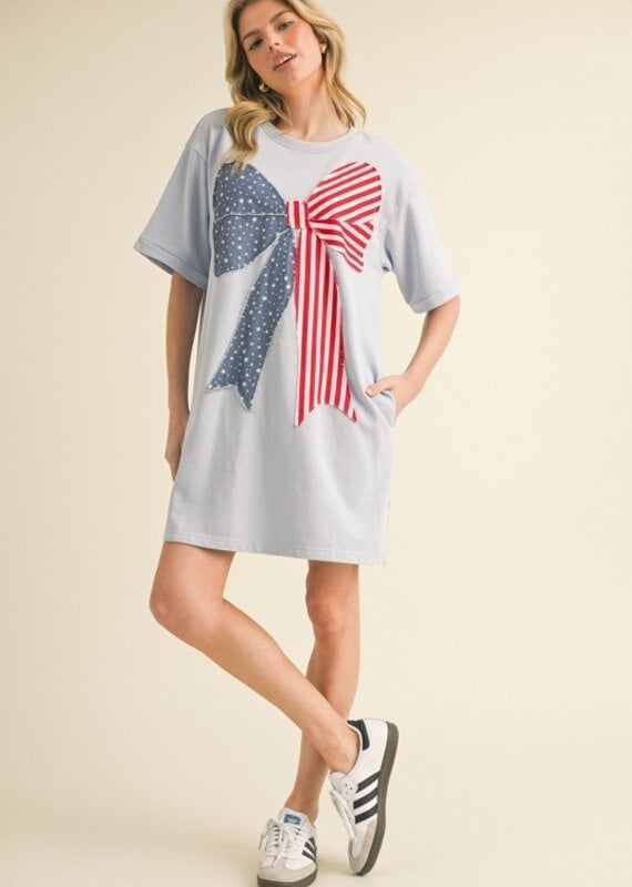 America Flag Bow Graphic Dress - Available in Sky & Ecru