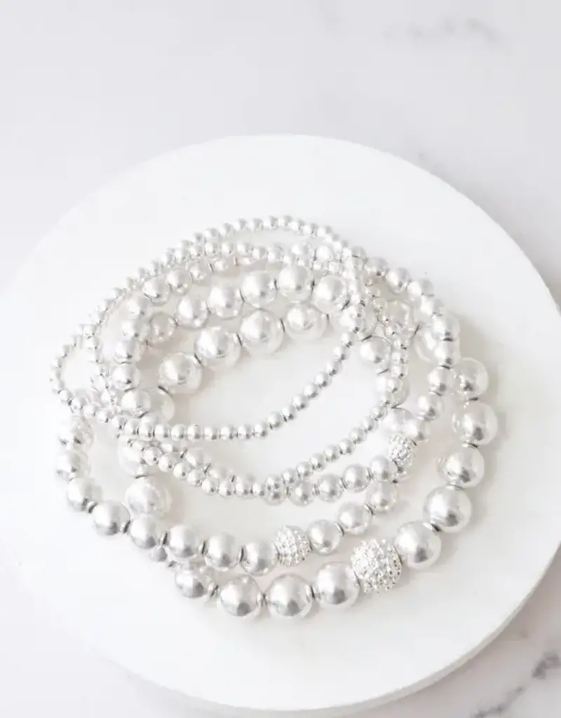 Worn SilverTextured Ball & Beaded Stack Bracelet Set of 5