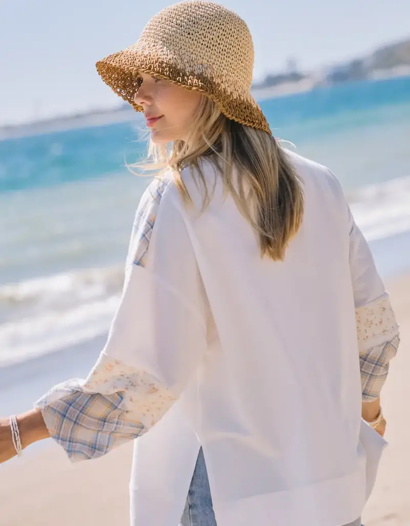 Plaid Flower Applique 3/4 Sleeve Top
