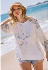 Plaid Flower Applique 3/4 Sleeve Top