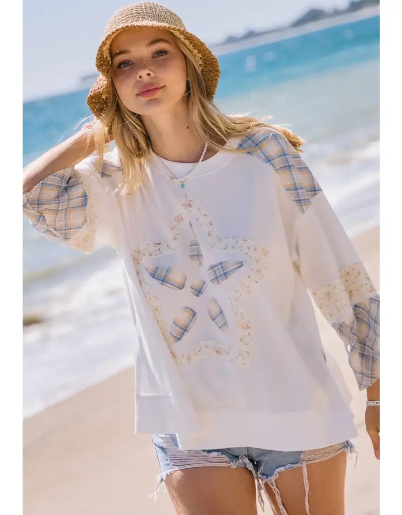 Plaid Flower Applique 3/4 Sleeve Top