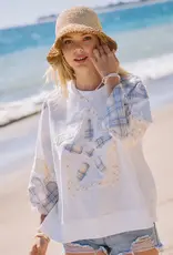 Plaid Flower Applique 3/4 Sleeve Top