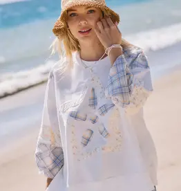 Plaid Flower Applique 3/4 Sleeve Top