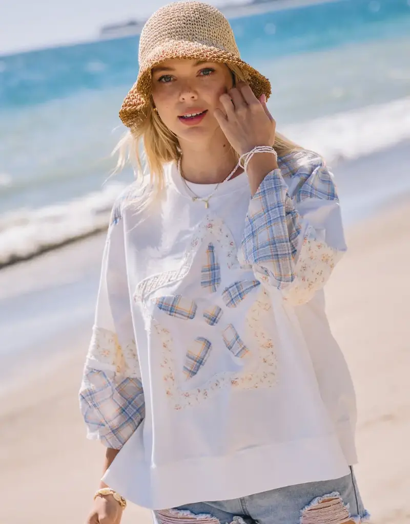 Plaid Flower Applique 3/4 Sleeve Top
