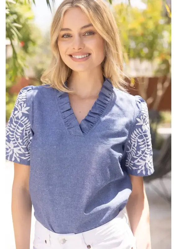 Emily Floral Embroidered Sleeve Chambray Top