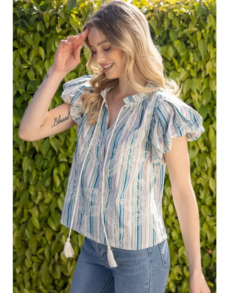 Taylor Stripe Top withn Tassel &  Floral Embroidery Detail