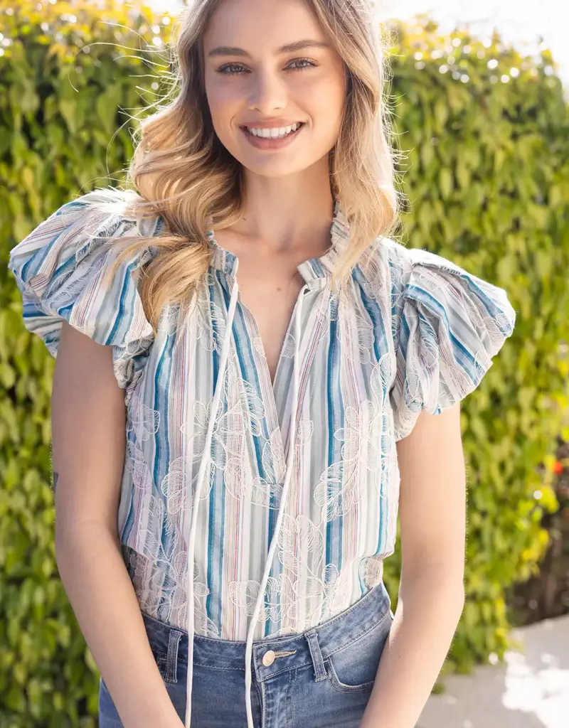 Taylor Stripe Top withn Tassel &  Floral Embroidery Detail