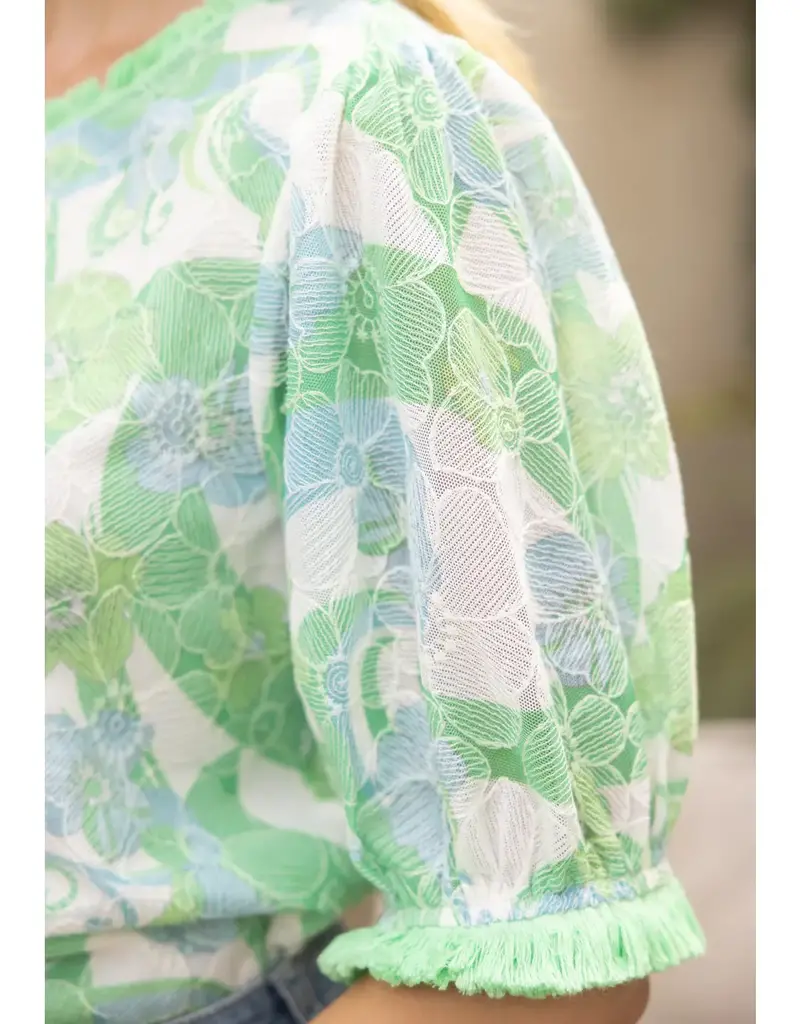 Floral Embroidery Print Lace with Fringe Trim Top