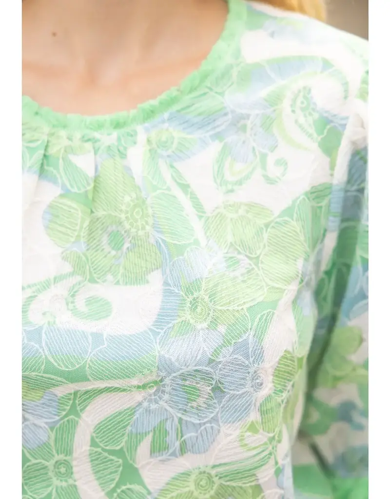 Floral Embroidery Print Lace with Fringe Trim Top
