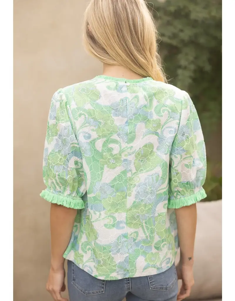 Floral Embroidery Print Lace with Fringe Trim Top
