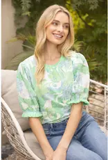 Floral Embroidery Print Lace with Fringe Trim Top