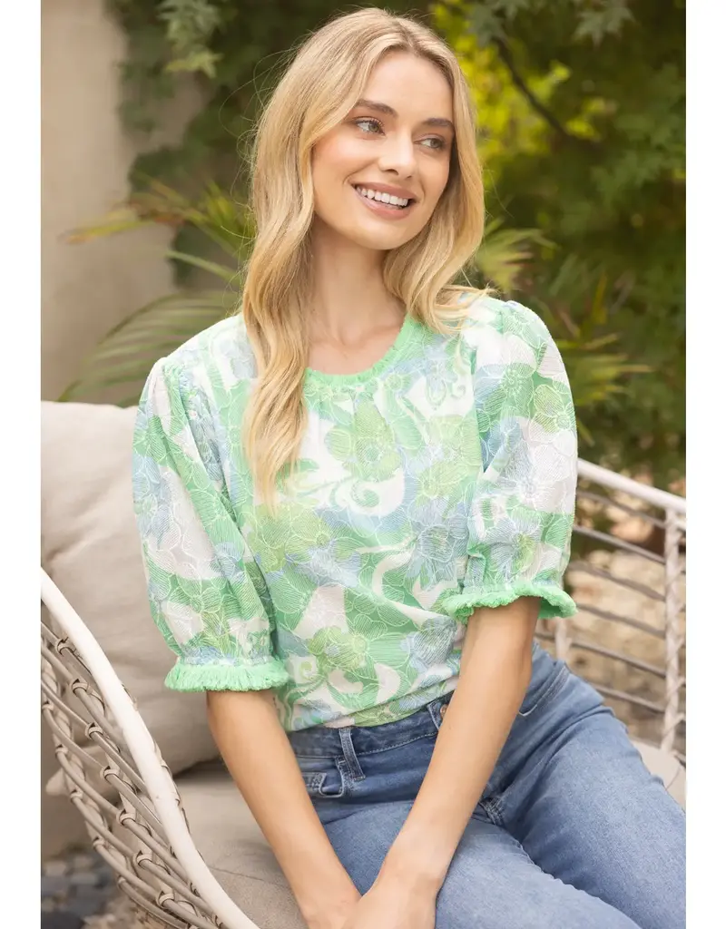 Floral Embroidery Print Lace with Fringe Trim Top
