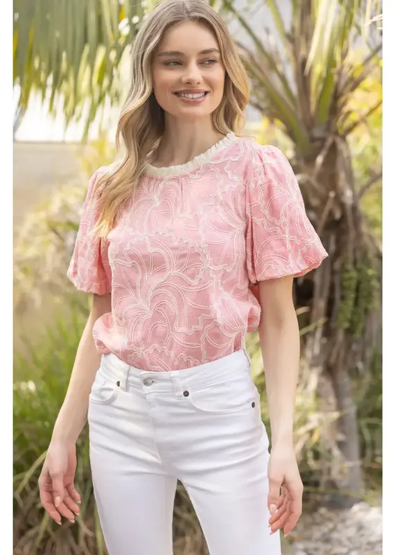 Leaf Embroidered Fringe Detail Top