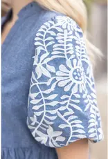 Emily Floral Embroidered Sleeve Chambray Tiered Dress