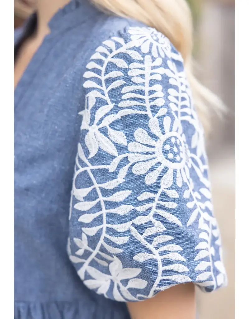 Emily Floral Embroidered Sleeve Chambray Tiered Dress