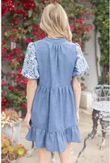 Emily Floral Embroidered Sleeve Chambray Tiered Dress